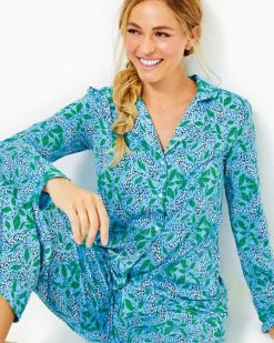 Hot Pajama Knit Long Sleeve Button-Up Top Women Loungewear
