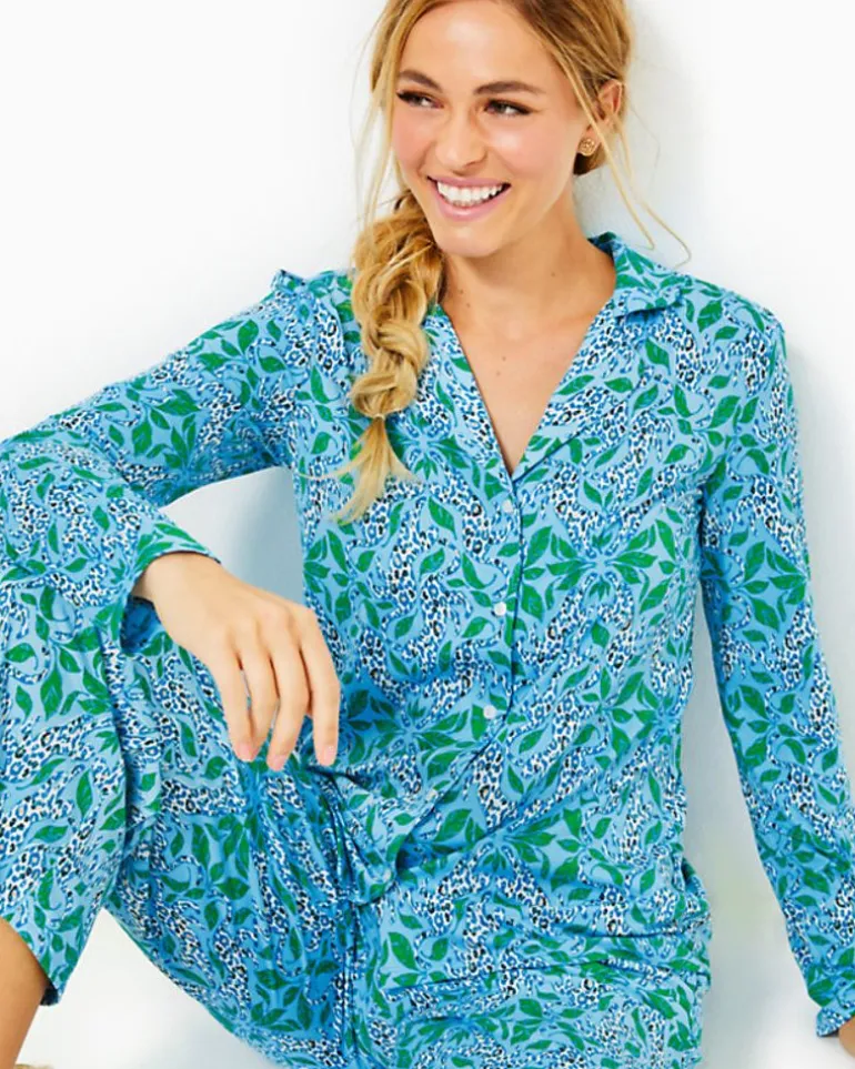 Hot Pajama Knit Long Sleeve Button-Up Top Women Loungewear