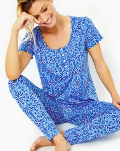 Fashion Pajama Knit Short Sleeve Henley Top Women Pajamas