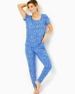 Fashion Pajama Knit Short Sleeve Henley Top Women Pajamas