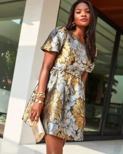 Shop Priyanka Short Sleeve Floral Jacquard Dress Women Dresses