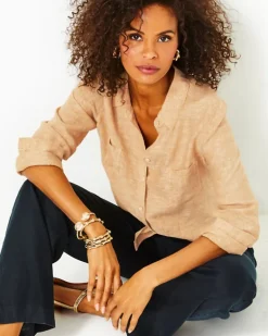 Cheap Sea View Linen Button Down Top Women Tops