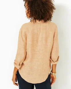 Cheap Sea View Linen Button Down Top Women Tops