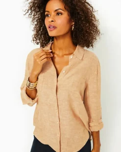Cheap Sea View Linen Button Down Top Women Tops