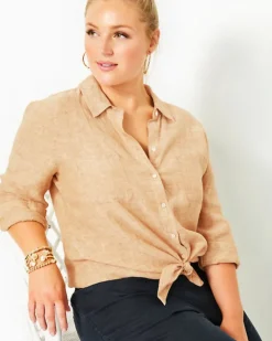 Cheap Sea View Linen Button Down Top Women Tops