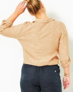 Cheap Sea View Linen Button Down Top Women Tops