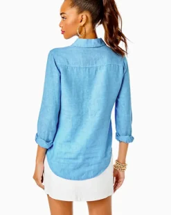Cheap Sea View Linen Button Down Top Women Tops